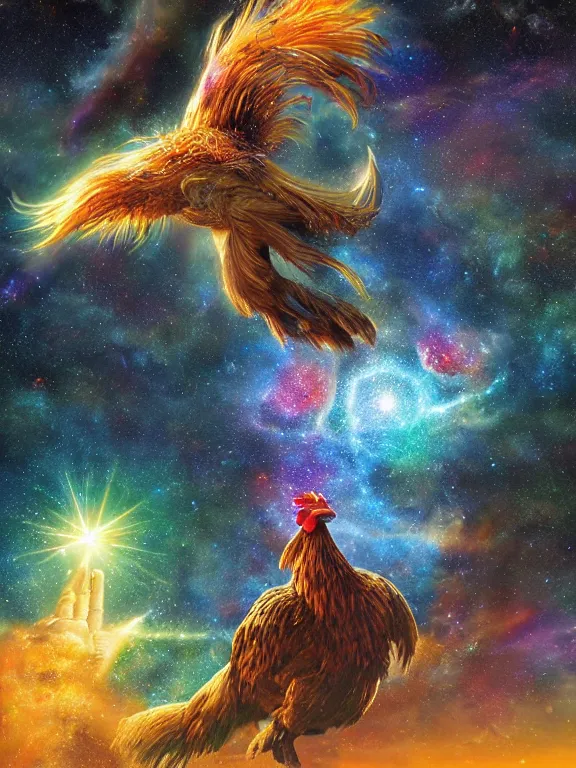 Prompt: a giant rooster, being abducted by a ufo, galaxy cosmic nebula, epic, volumetric light, hyperrealistic, glitter, mega detailed, beautiful composition, beautiful lighting, unreal render, 4 k, vincent di fate, john berkey, michael whelan