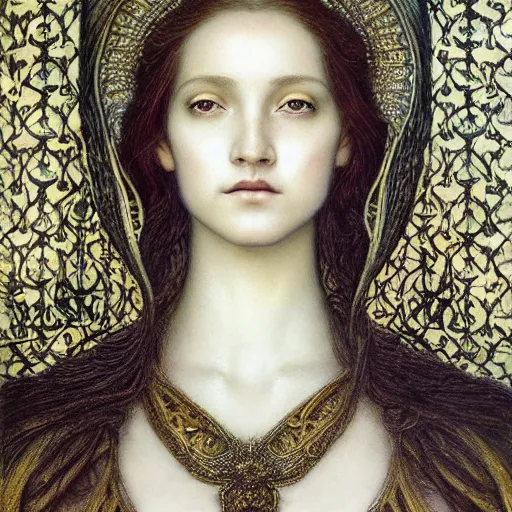 Prompt: detailed realistic beautiful young medieval queen face portrait by jean delville, brooke shaden, gustave dore and marco mazzoni, art nouveau, symbolist, visionary, gothic, pre - raphaelite, ornate gilded medieval icon, surreality