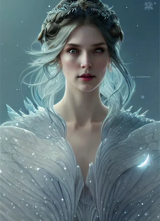 Image similar to a beautiful cinematic female winter goddess, cristal dress, ice wing, galatic shamen with quantum energy fantasy, fantasy magic, undercut hairstyle, dark light night, intricate, elegant, sharp focus, illustration, highly detailed, digital painting, concept art, matte, art by wlop and artgerm and greg rutkowski and alphonse mucha, masterpiece