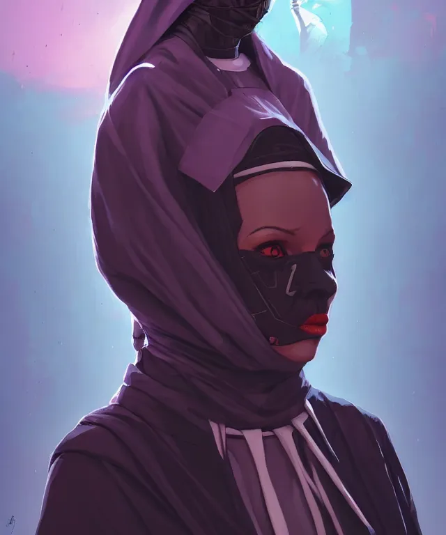 Prompt: a portrait of a raptor wearing a nun habit, cyberpunk!, fantasy, elegant, digital painting, artstation, concept art, matte, sharp focus, illustration, art by josan gonzalez
