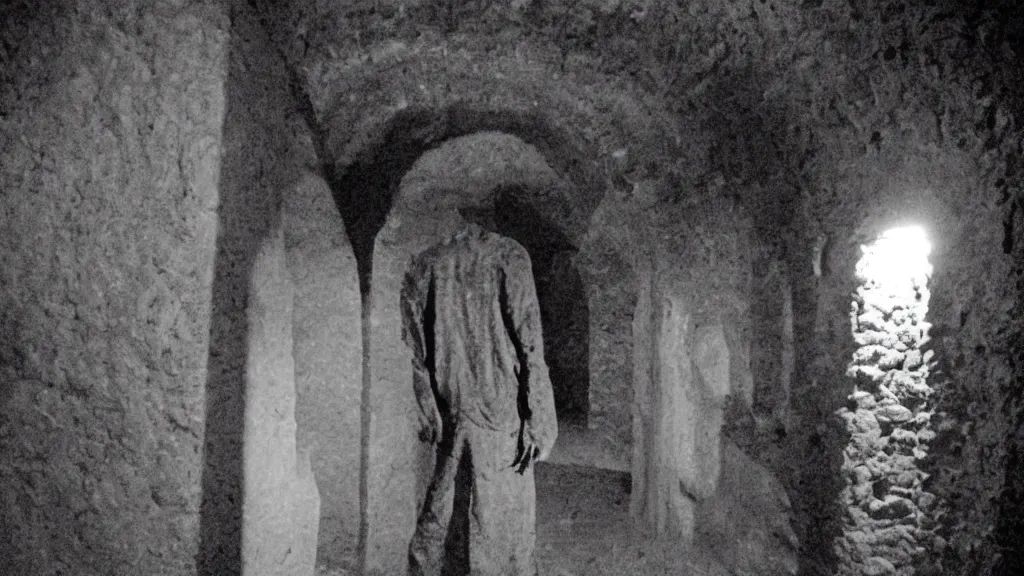 Image similar to creepy, incredibly tall, skinny and pale creature lurking in the catacombs captured on film camera