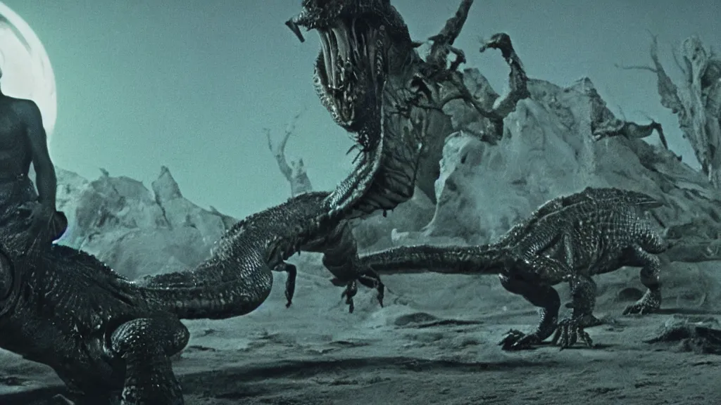 Image similar to movie scene of a man and a draconian humanoid on a space planet, reptil, reptilian, movie still, cinematic composition, cinematic light, criterion collection, reimagined by industrial light and magic, Movie by David Lynch and Ridley Scott