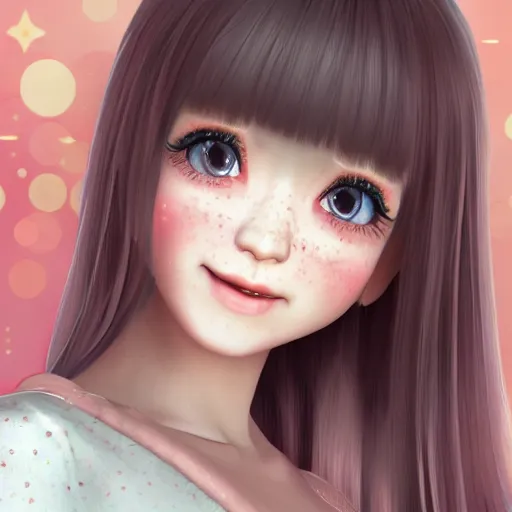 Image similar to Render of Nikki from Shining Nikki Dress-Up Game, a cute 3D young woman, long light pink hair, full bangs, full round face, hazel amber eyes, pale skin, cute freckles, light blush, Chinese heritage, smiling softly, wearing casual clothing, interior lighting, cozy living room background, medium shot, mid-shot, hyperdetailed, trending on Artstation, Unreal Engine 4k