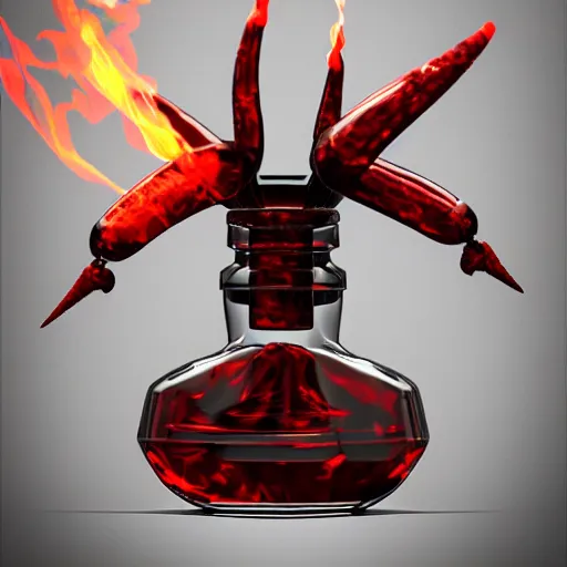 Prompt: Photorealistic glass vial with glass devil horns, the vial is full of flames. Hyperdetailed photorealism, 108 megapixels, sinister rich color scheme, finalrender, artstation concept art