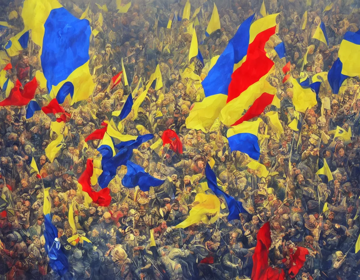 Prompt: Ukraine wins over Russia Ukraine conquers Moscow Slava Ukraine, trending on artstation, digital art, highly detailed, canvas oil painting