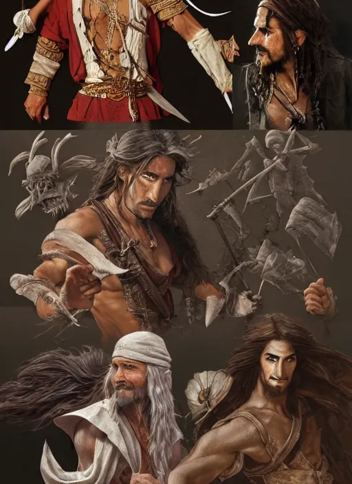 Image similar to detailed pencil spot illustrations of various character concepts from the prince of persia and game of pirates of the caribbean movie, various poses, by burne hogarth, by bridgeman, by anthony ryder, by yoshitaka amano, by ruan jia, by conrad roset, by mucha, cgsociety, artstation.