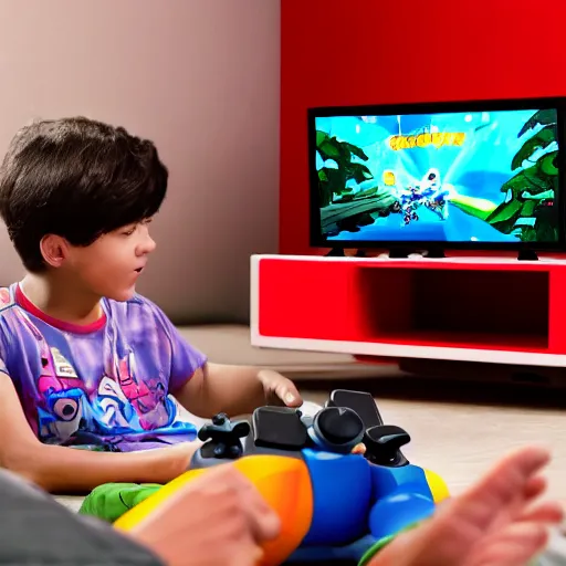 Prompt: a kid plays nintendo in his room. he plays a videogame, and then a toy comes out of his tv. really colorful and dynamic. cinematic 6 k.