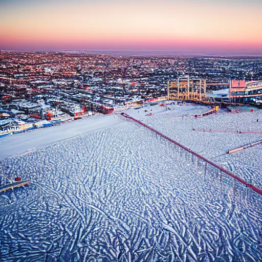 Image similar to santa monica pier covered in snow, aerial photo, sigma 2 4 mm