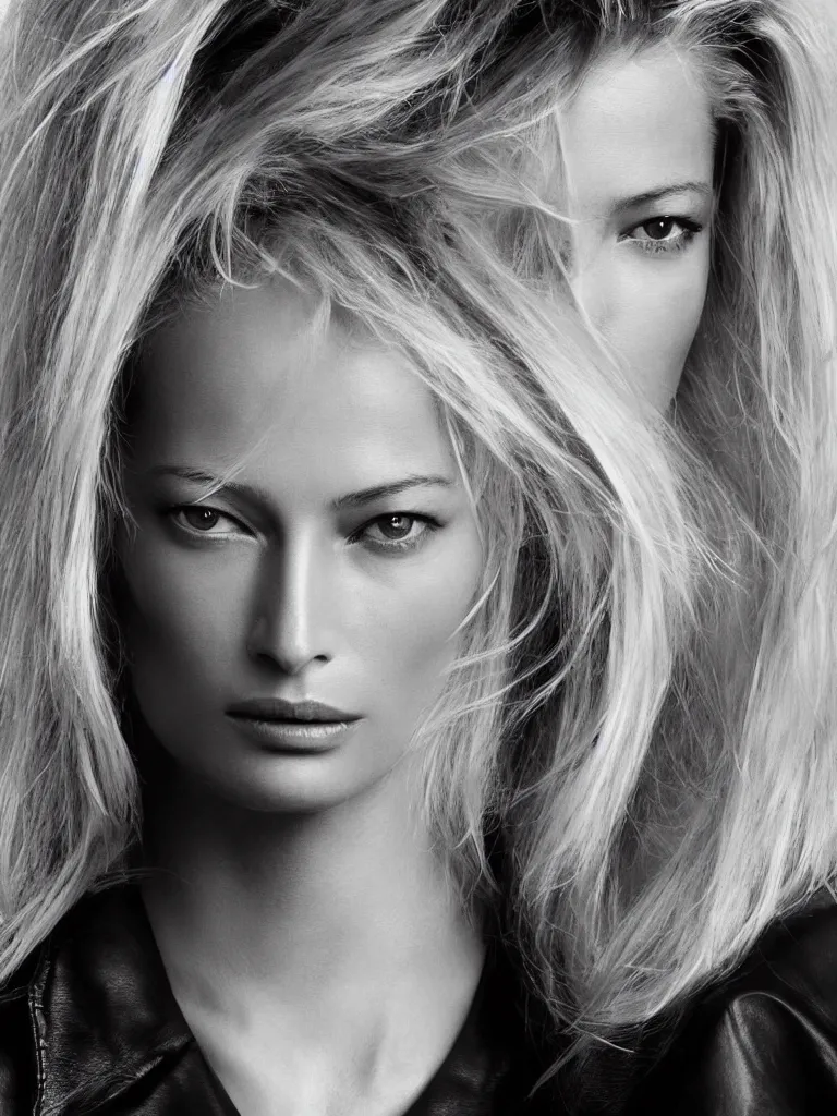 Prompt: a beautiful single close - up headshot portrait by helmut newton of attractive female fashion model carolyn murphy with symmetrical features and beautiful. flowing long blonde hair with a disdainful and arrogant expression and wearing a black leather jacket and black leather bra. trending on artstation., centre image, clean borders, + symmetry + symmetrical studio lighting ; photorealistic