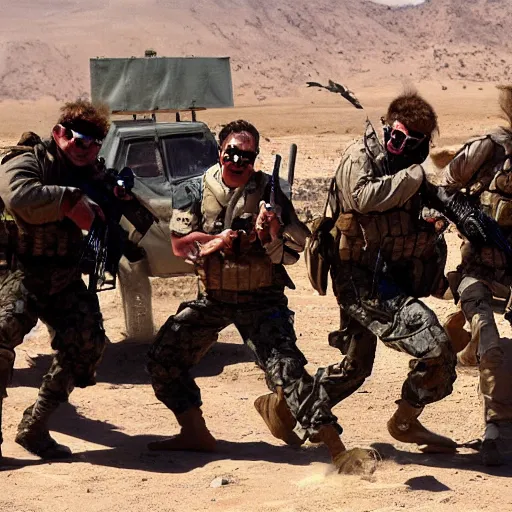 Image similar to muppets dressed as special forces fighting in the desert. epic action movie production photograph.