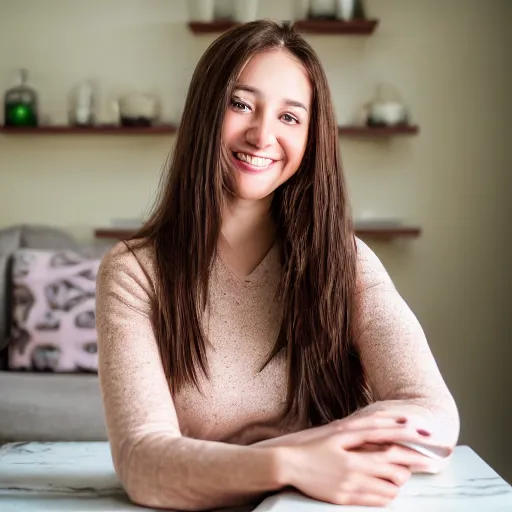 Image similar to Photograph of April, a cute young woman, long shiny bronze brown hair, full round face, green eyes, medium skin tone, light cute freckles, light blush, smiling softly, wearing casual clothing, interior lighting, cozy living room background, medium shot, mid-shot, hyperdetailed, hyperreal,