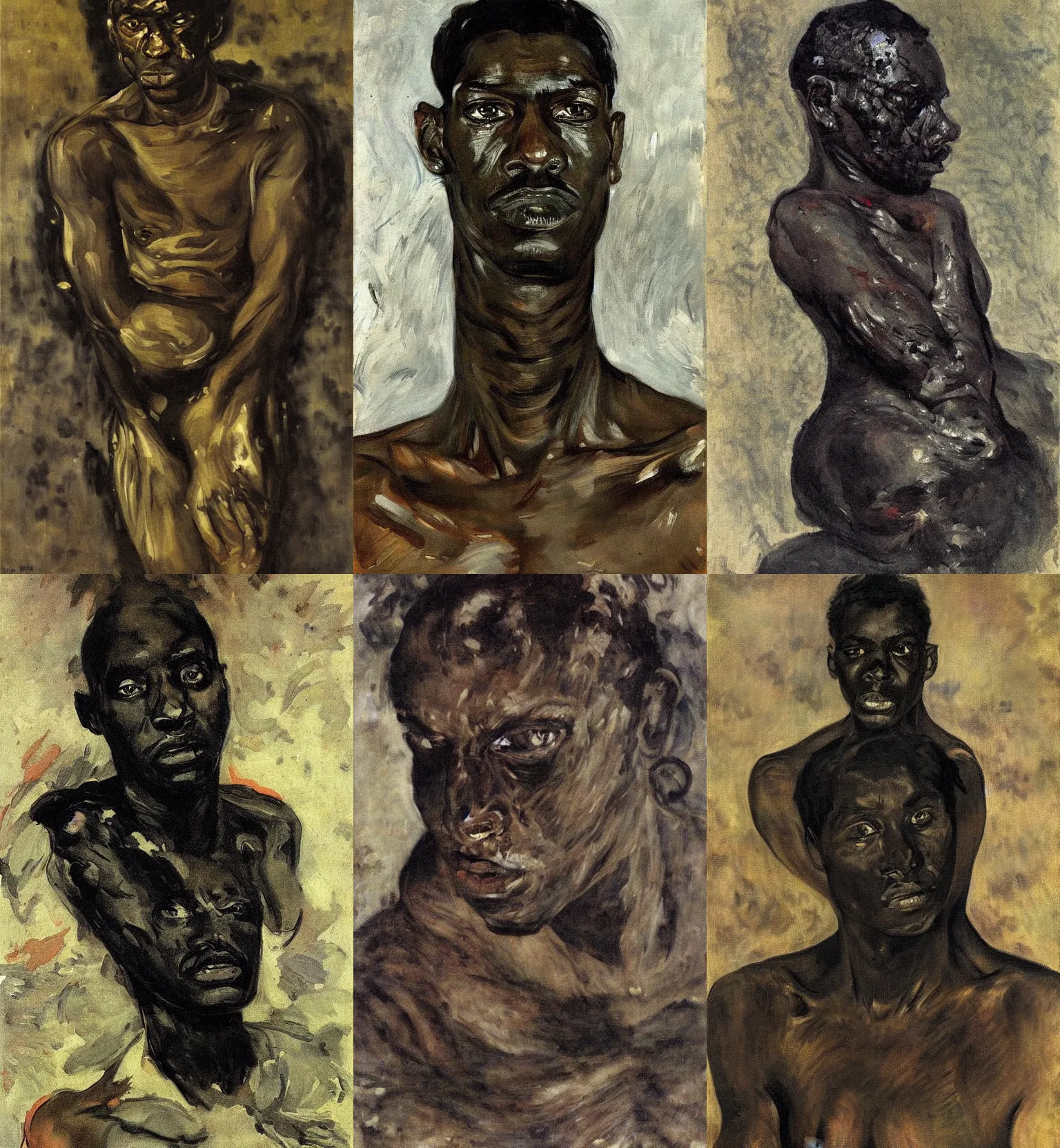 Prompt: soulful portrait of an inhuman black demon covered in oily muscles and multiple sets of eyes by Valentin Serov, Russian impressionism