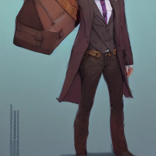 Prompt: vivid colors, character sheet, fine details, front view, greg rutkowski, kim jung gi, human, suit vest, longcoat, androgynous, female, face, glasses, briefcase, brown clothes