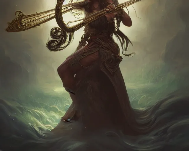 Image similar to photography of a dark long haired elve playing harp, deep focus, d & d, fantasy, intricate, elegant, highly detailed, digital painting, artstation, concept art, matte, sharp focus, illustration, hearthstone, art by artgerm and greg rutkowski and alphonse mucha