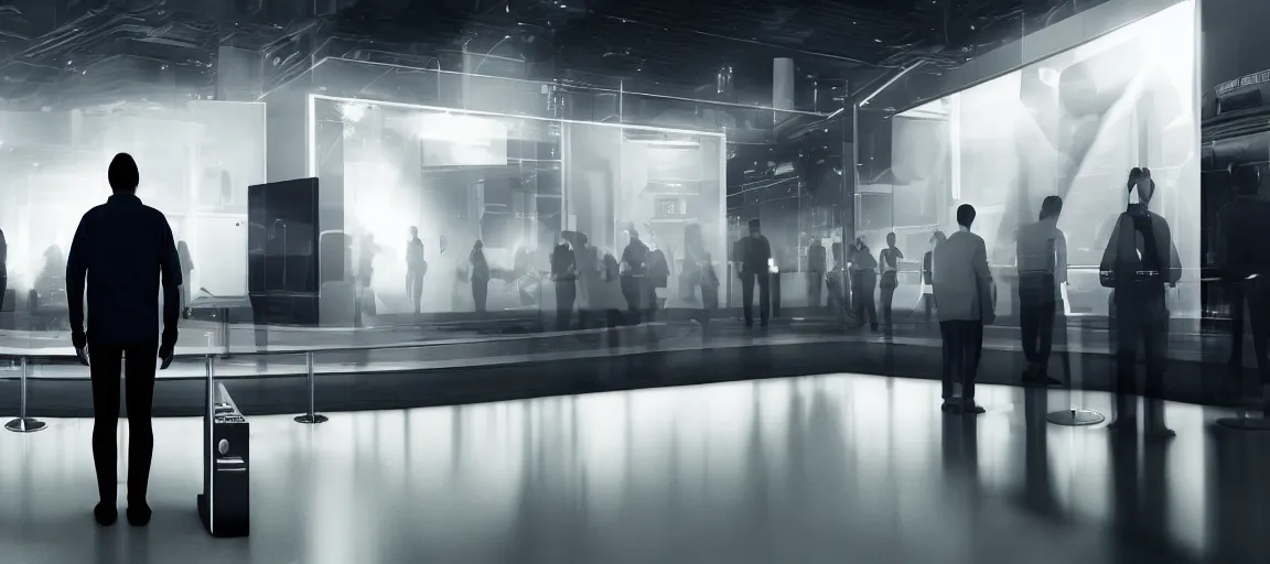 Image similar to A person standing in front of a giant computer asking it to generate an image of what they are about to say, a line of people waiting behind the person at some distance with a ticket checker giving them entry, digital art, beautiful lighting, atmospheric, artstation