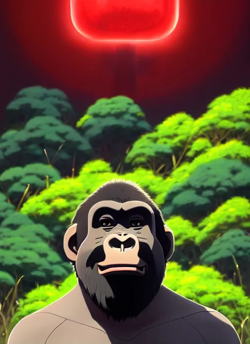 Image similar to portrait of gorilla holding a small red mushroom, sunny sky background, lush landscape, illustration concept art anime key visual trending pixiv fanbox by wlop and greg rutkowski and makoto shinkai and studio ghibli and kyoto animation, symmetrical facial features, black shirt, red headphones, backlit