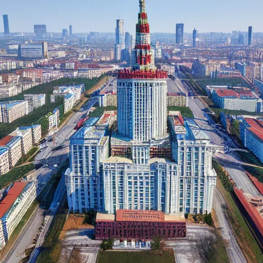 Prompt: moscow state university main building, aerial photography, highly detailed, 4 k, by greg rutkowski