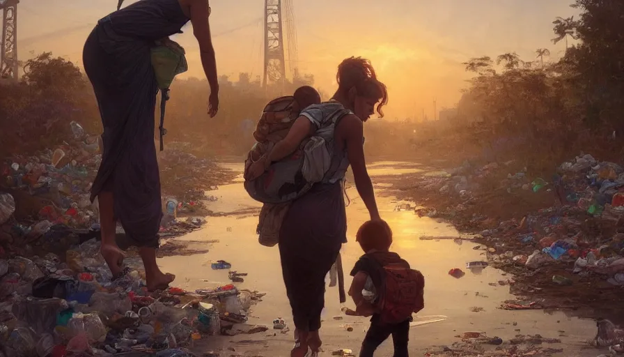 Prompt: poor detailed mom with child with backpack looking for food at garbage dump, city is pure wasteland, sunset in background, detailed characters, alphonse mucha, greg rutkowski, trending on artstation, artgerm, breathtaking, sharp focus, smooth, mark arian, award winning, highly detailed 4 k art