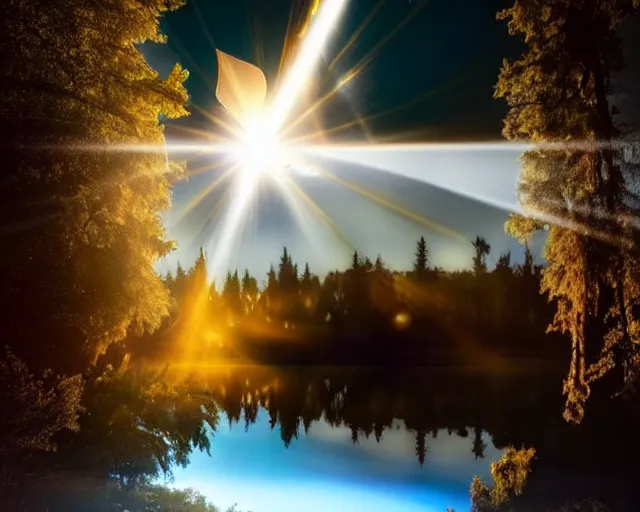 Image similar to [alien invasion] beautiful landscape photography of a UfO spaceship starfighter flying at incredible momentum through the sky at night. lake reflections in the foreground. sun rays shining through the trees. lens flare. moonlit, dramatic lighting by Marc Adamus