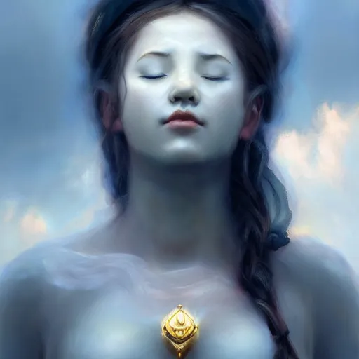 Prompt: a painting of a cloud goddess with closed eyes and a gem in her chest, a hyperrealistic painting by Raymond Swanland, Clouds in the background, featured on cgsociety, fantasy art, daz3d, artstation hd, hyper-realistic