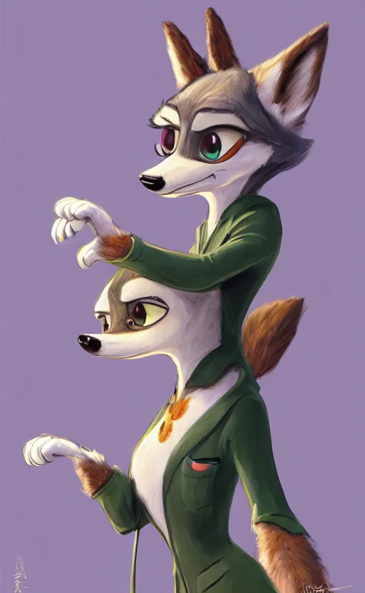 Image similar to oil painting of detailed full body of anthromorphic female wolf, in style of zootopia, zootopia, zootopia, fursona, furry, furaffinity, 4 k, deviantart, furry art, fursona art, wearing black business suit, business suit, in style of zootopia, wolf fursona, cyberpunk, female, expressive detailed feminine face,