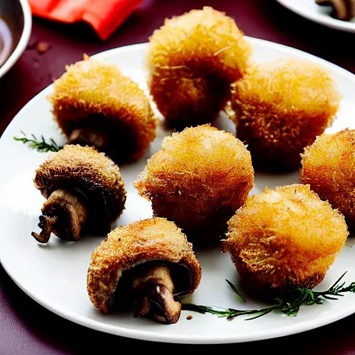 Prompt: deep fried mushrooms stuffed with deep fried mushrooms stuffed with deep fried mushrooms stuffed with deep fried mushrooms stuffed, delicious meal, studio photo