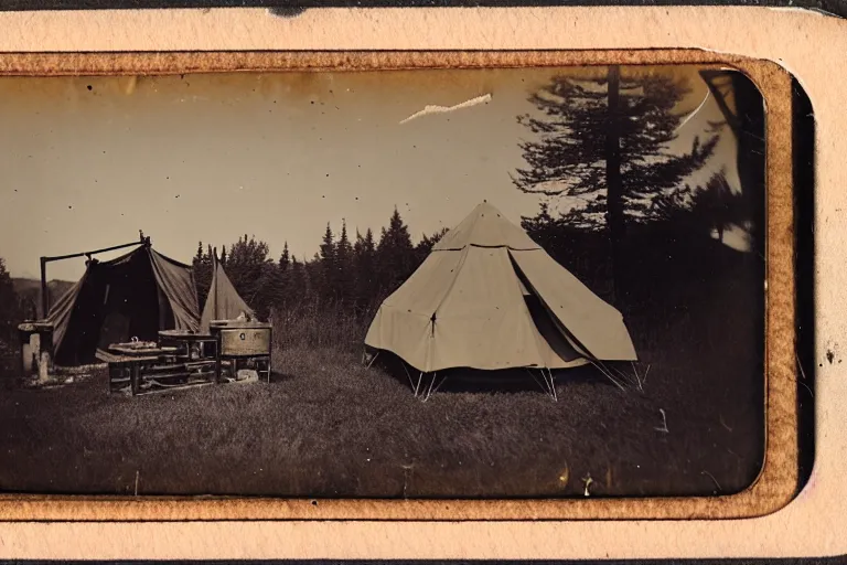 Prompt: tintype photo of a campsite with bonfire