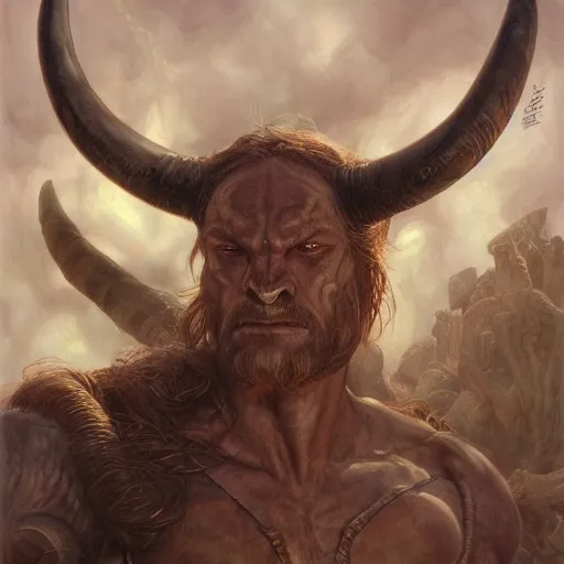 Image similar to The minotaur End-boss portrait art by Donato Giancola and Bayard Wu, digital art, trending on artstation