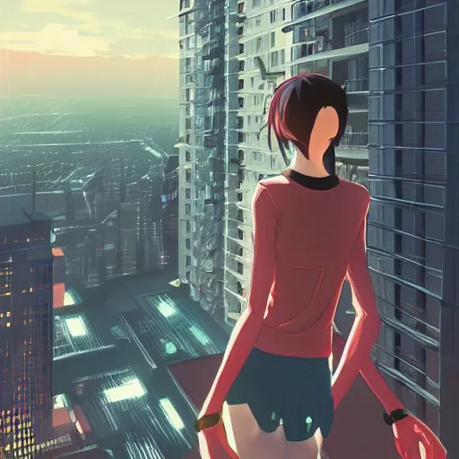 Image similar to a girl stands on top of a multi-storey building, anime style, 4k, cyberpunk city in the background, HD, artstation, very detailed, by Ilya Kuvshinov