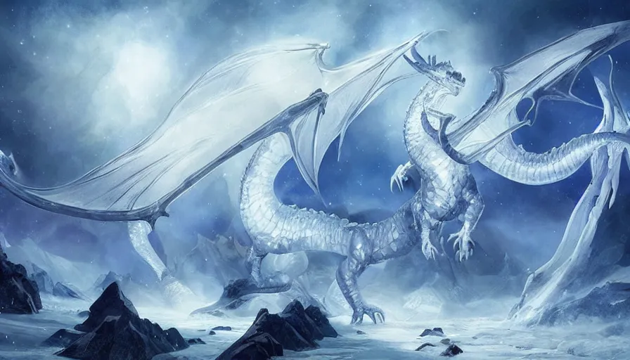Prompt: epic ice dragon with trendy shapes in a nordic landscape under aurora and stars, set in the words of the Forgotten Realms and Guildwars2, painted by Hans Fredrik Gude, N.C.Wyeth and Artgerm, concept art 2022, ultra realistic masterpiece