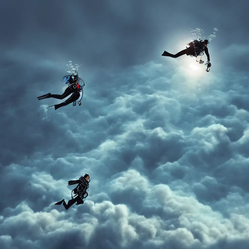 Image similar to a scubadiver floating above the clouds, closeup, digital illustration