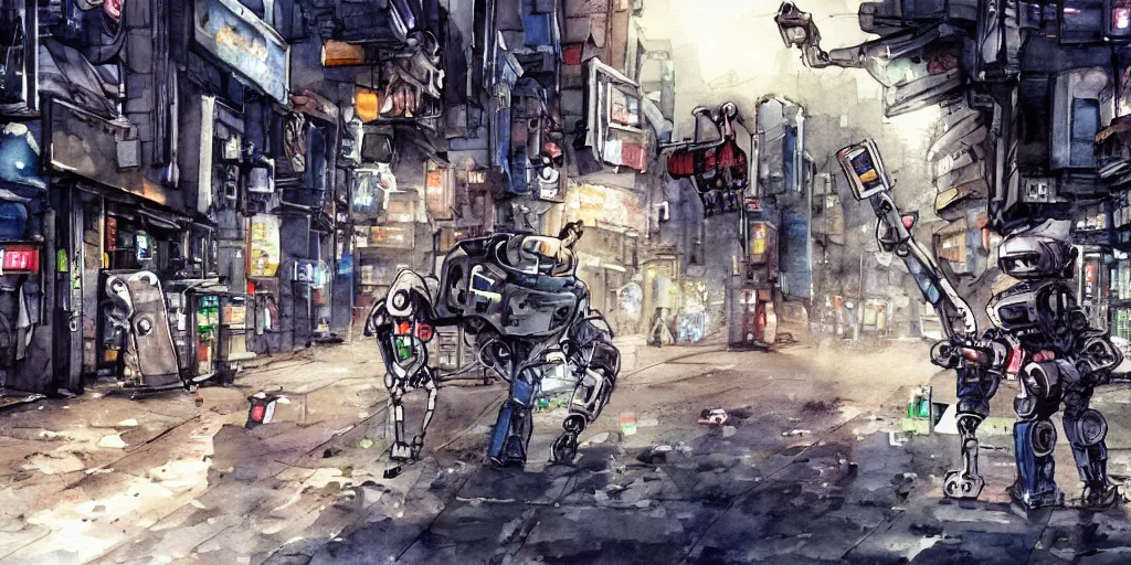 Prompt: watercolour painting of a broken robot repairing its own arm in a post apocalyptic city street, anime, pencil lines, light watercolour, pale sky, beautiful artwork, anime screenshot, akihabara