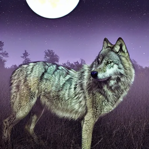 Image similar to photoshop of wolf with reptile scales instead of fur, a crocodile tail replacing the wolve's tail, photorealistic, yellowish moon overlooking misty swamp