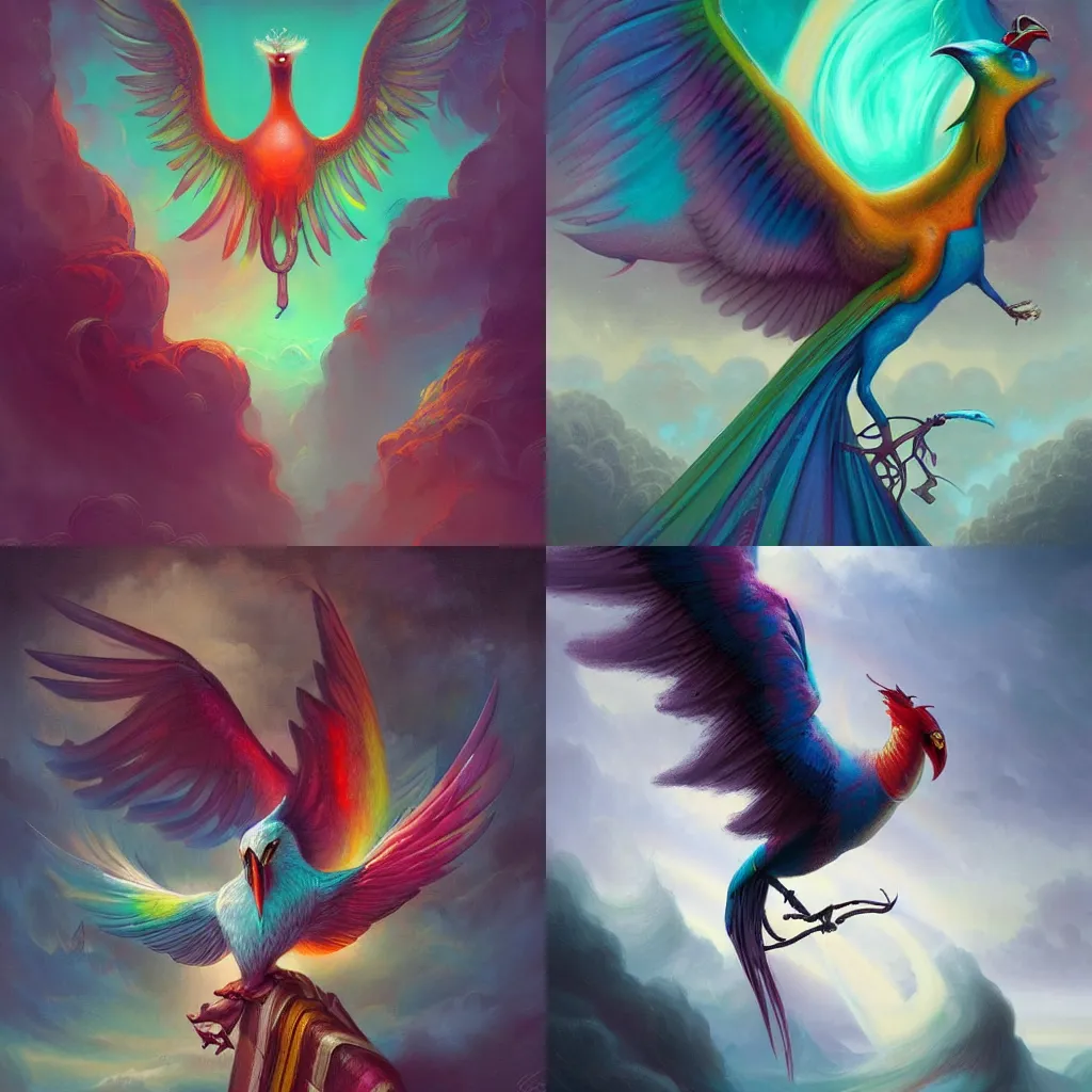 Prompt: rainbow three headed bird, a result of different mythical birds merged in the same body, by peter mohrbacher, dark fantasy art, featured on artstation, daily deviation, detailed, sharp focus