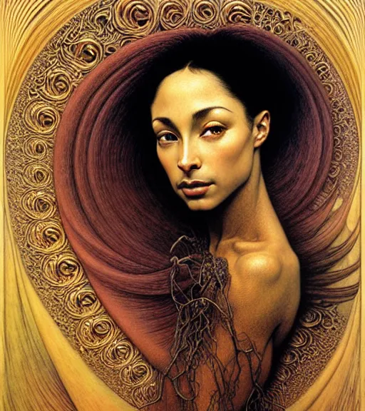 Image similar to detailed realistic beautiful young sade adu face portrait by jean delville, gustave dore and marco mazzoni, art nouveau, symbolist, visionary, gothic, pre - raphaelite. horizontal symmetry by zdzisław beksinski, iris van herpen, raymond swanland and alphonse mucha. highly detailed, hyper - real, beautiful