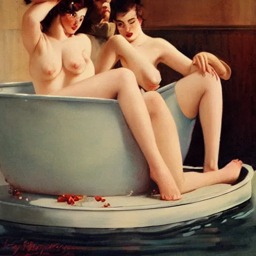 Prompt: three friends in a tub, art by wlop, edward mason eggleston, olivia, coby whitmore, rolf armstrong, wlop