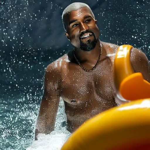 Image similar to photograph of kanye west in an aquaman costume at a waterpark.