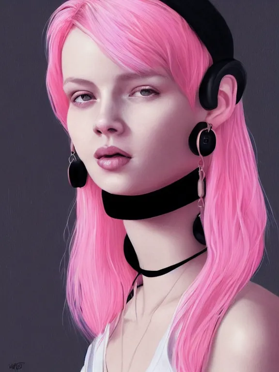 Image similar to beautiful russian girl with short pink hair and nose piercing, airpods, thin black choker, thin round earrings, winds of winter, au naturel, hyper detailed, digital art, trending in artstation, cinematic lighting, studio quality, smooth render, octane rendered, concept art, sharp focus, illustration, art by artgerm and greg rutkowski and wlop