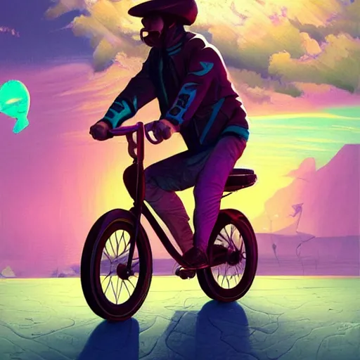 Prompt: a beautiful painting of a very detailed gangster riding a bike by dan mumford, beeple, trending on artstation, vapourwave