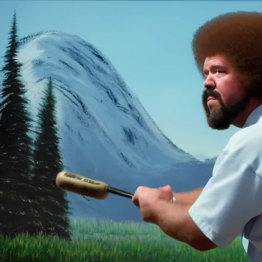 Image similar to a closeup photorealistic photograph of bob ross crafting an image of kenny powers baseball, a depiction on a canvas. mountains and trees. film still. brightly lit scene. this 4 k hd image is trending on artstation, featured on behance, well - rendered, extra crisp, features intricate detail, epic composition and the style of unreal engine.