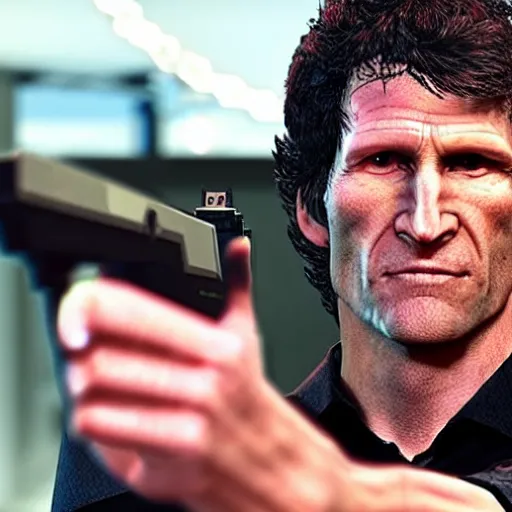 Image similar to todd howard pointing a gun towards the camera and forcing you to buy skyrim, threatening, sharp, cinematic, colorful, digital, neon, bright, cyberpunk