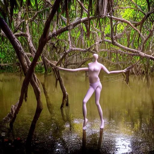 Image similar to a mannequin dancer in a mangrove swamp, cinematic light, beautiful dreamy lighting,