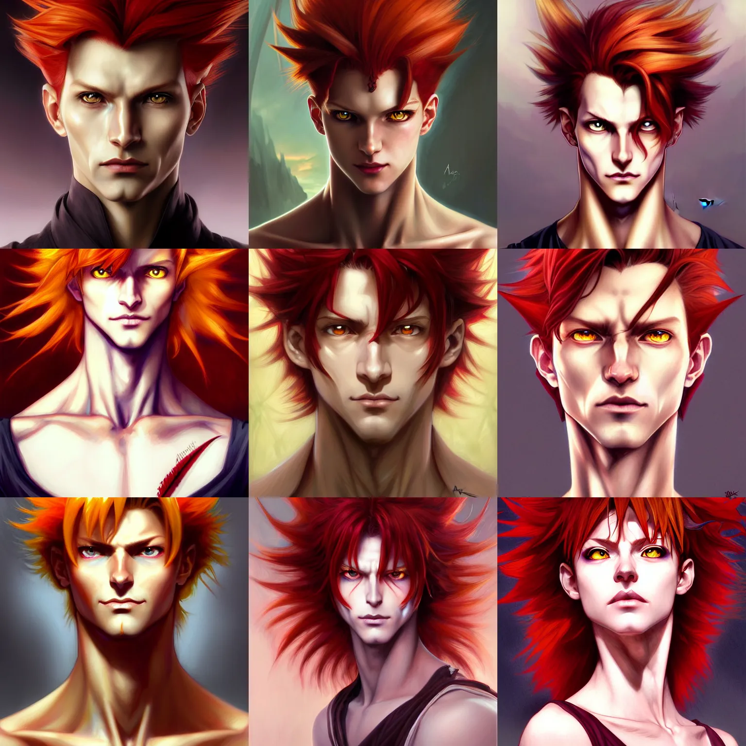 Prompt: portrait of hisoka morow hunter hunter, male, sharp jaw yellow eyes narrow sultry eyes red hair soft hair swept back crimson medium length hair, anime, fantasy, intricate, elegant, highly detailed, digital painting, artstation, concept art, matte, sharp focus, illustration, art by artgerm and greg rutkowski and alphonse mucha