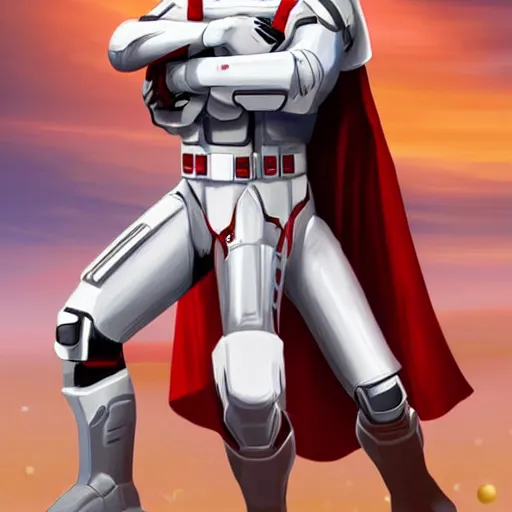 Prompt: gigachad space infantry man in glossy sleek white armor with small red details and a long red cape, heroic posture firing laser rifle, on the surface of mars, night time, dramatic lighting, cinematic, sci-fi, hyperrealistic, movie still