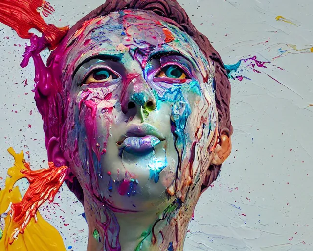 Prompt: still shot footage of a closed eyed female greek god statue's head morphing into paint frottage, and decalcomania, acrylic pour and coloured powder explosion and splashing paint and dripping paint and flying paint chunks, embossed paint, motion blur, hyperrealistic, intricate art photography, hyperrealistic, anatomically correct, realistic crisp textures, 1 6 k,