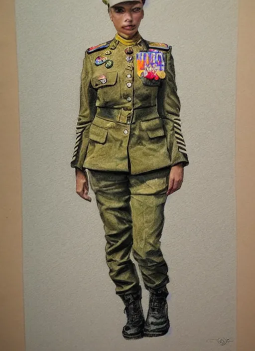 Image similar to full body detailed colored pencil drawing of a beautiful female military with a beautiful face wearing intricate clothing