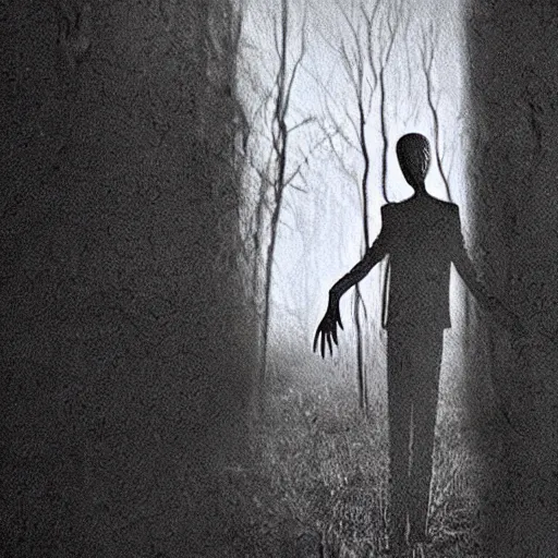 Prompt: slenderman caught on camera, found footage video, analog horror, scary, grainy