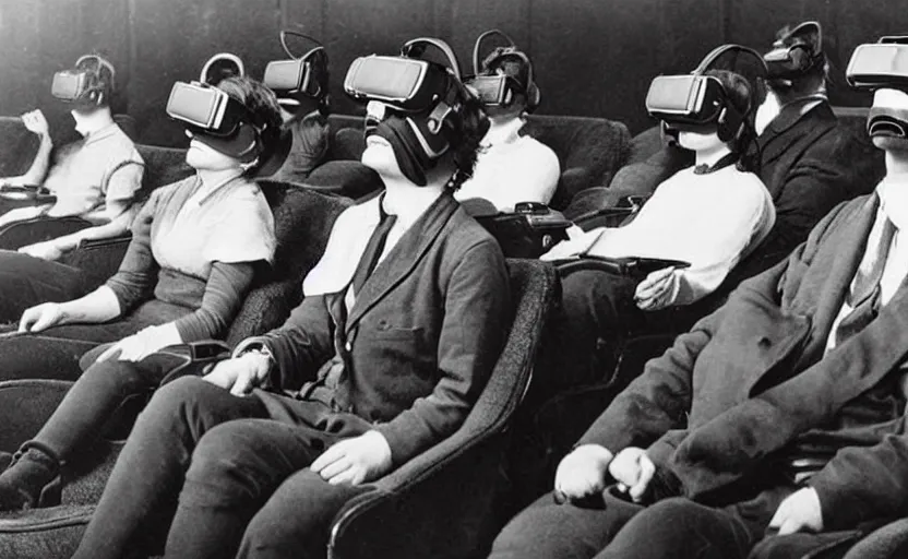 Image similar to 1 9 0 0 s photo of people wearing virtual reality headsets vr in a movie theater masterpiece old photograph