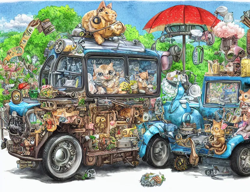 Image similar to cute and funny, a garden gnome driving a steampunk bus, a cat on the roof holding on, ratfink style by ed roth, centered award winning watercolor pen illustration, isometric illustration by chihiro iwasaki, edited by range murata, tiny details by artgerm and watercolor girl, sharply focused