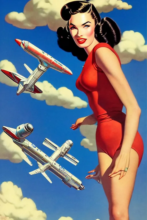 Prompt: beautiful megan fox retro future astronaut varga girl, windblown dark hair, retro pinup model, seductive, 1 9 4 0, glamour pose, intricate, rocketships, clouds, skyscrapers, hyper detailed, digital art, smooth, sharp focus, alberto vargas, gil elvgren, greg rutkowski